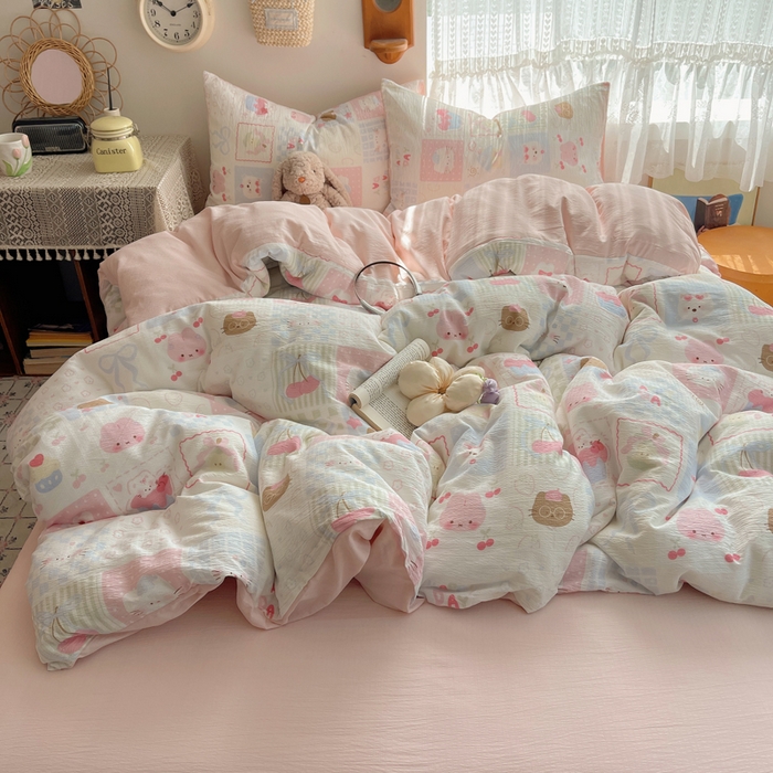 91家纺网 家纺一手货源 找家纺 沐芷 2025 木棉双层纱A类四件套直播 开学季宿舍三件套  单被套/四件套--提供买家秀 彼岸-奶油块块