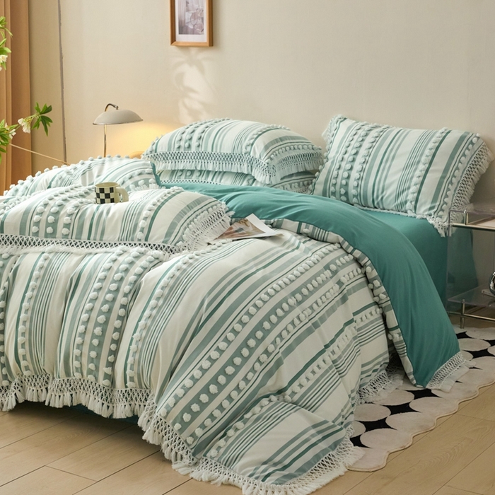 91家纺网 家纺一手货源 找家纺 （总）缘生活  2025新款长年供货四季通用高端大气阳离子球球+流苏四件套