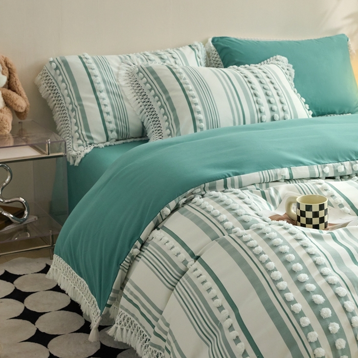 91家纺网 家纺一手货源 找家纺 （总）缘生活  2025新款长年供货四季通用高端大气阳离子球球+流苏四件套