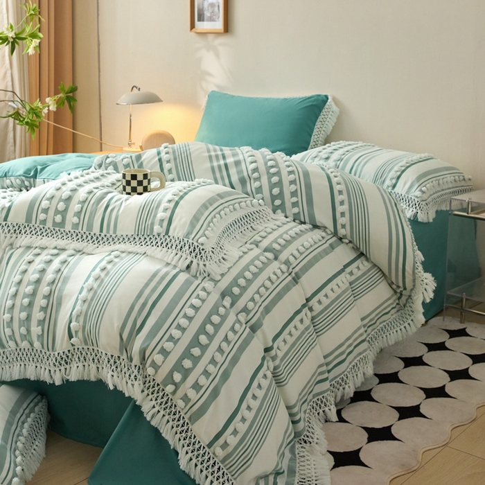 91家纺网 家纺一手货源 找家纺 （总）缘生活  2025新款长年供货四季通用高端大气阳离子球球+流苏四件套