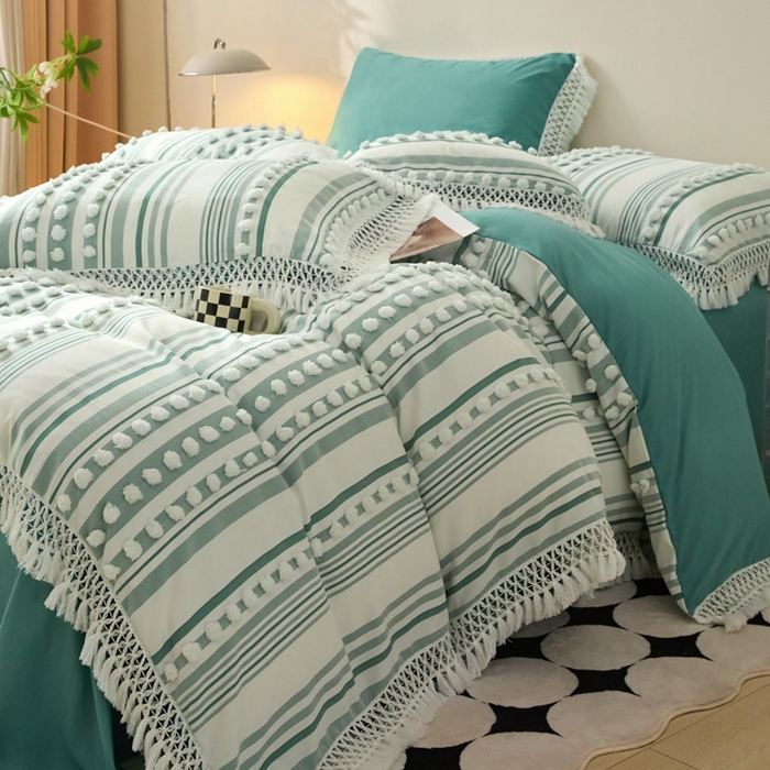 91家纺网 家纺一手货源 找家纺 （总）缘生活  2025新款长年供货四季通用高端大气阳离子球球+流苏四件套