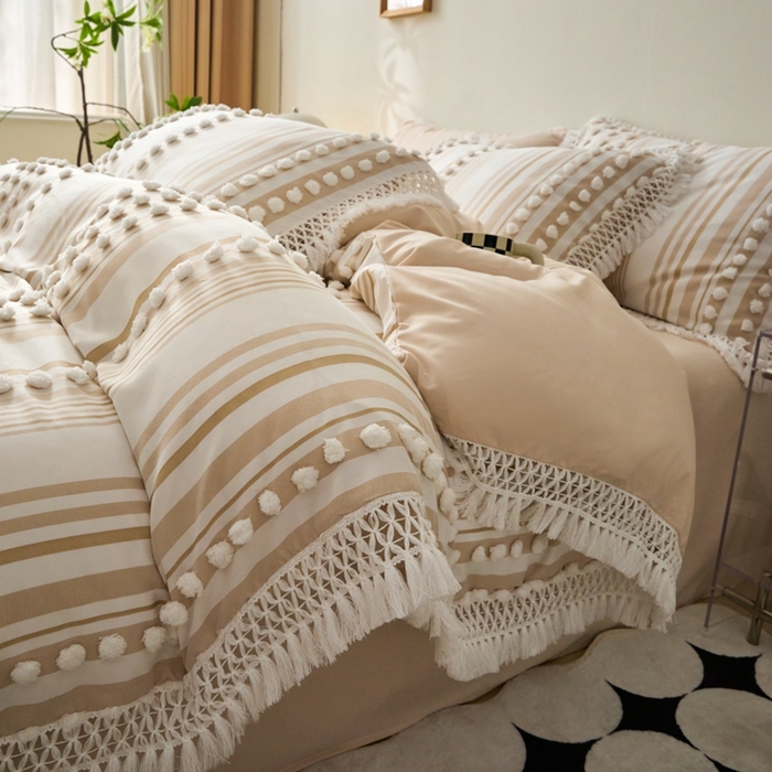 91家纺网 家纺一手货源 找家纺 缘生活  2025新款长年供货四季通用高端大气阳离子球球+流苏四件套 阳离子球球+流苏卡其