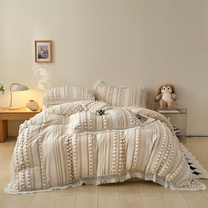 缘生活  2025新款长年供货四季通用高端大气阳离子球球+流苏四件套 阳离子球球+流苏卡其