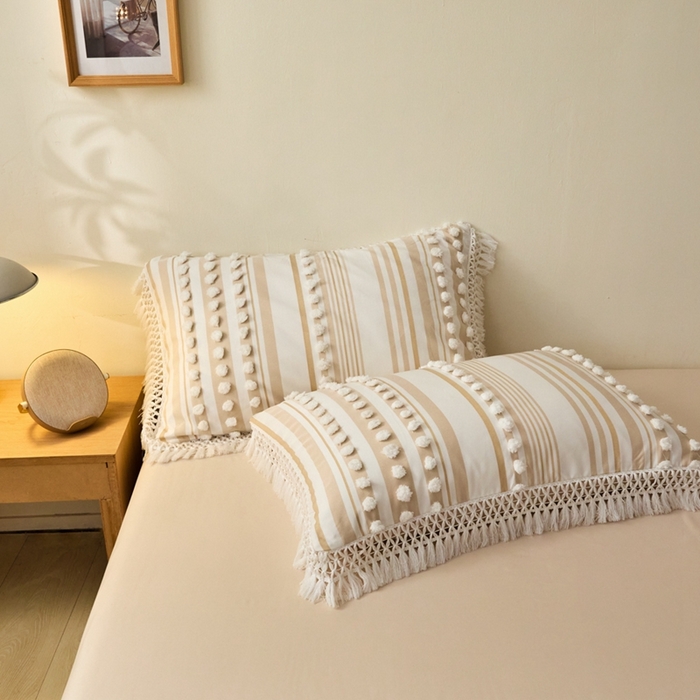 91家纺网 家纺一手货源 找家纺 缘生活  2025新款长年供货四季通用高端大气阳离子球球+流苏四件套 阳离子球球+流苏卡其