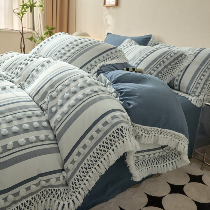 91家纺网 家纺一手货源 找家纺 缘生活  2025新款长年供货四季通用高端大气阳离子球球+流苏四件套 阳离子球球+流苏蓝色