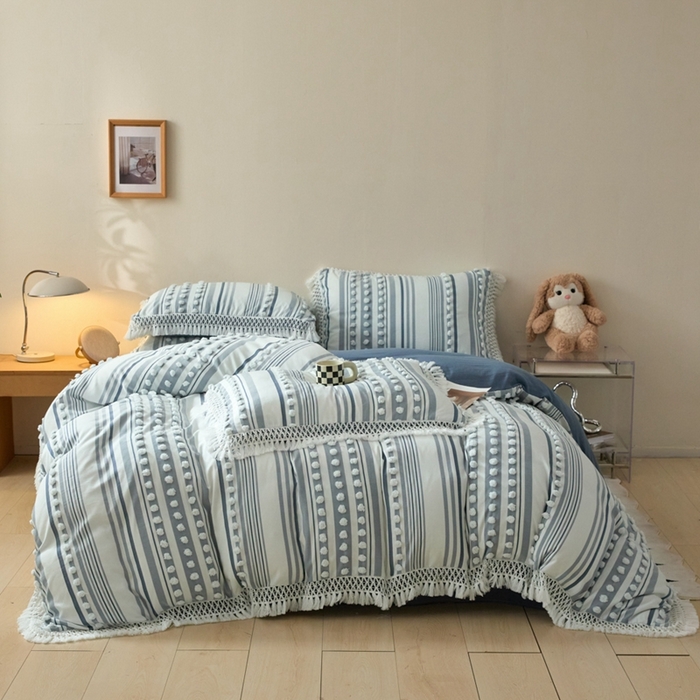 缘生活  2025新款长年供货四季通用高端大气阳离子球球+流苏四件套 阳离子球球+流苏蓝色