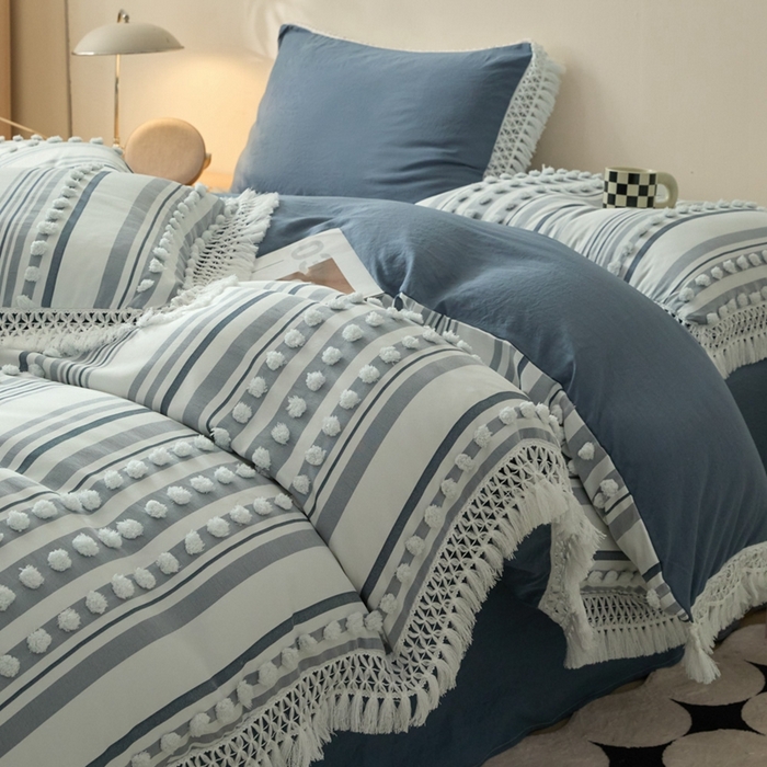 91家纺网 家纺一手货源 找家纺 缘生活  2025新款长年供货四季通用高端大气阳离子球球+流苏四件套 阳离子球球+流苏蓝色