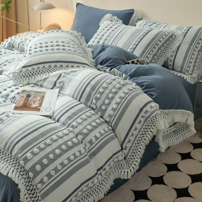 91家纺网 家纺一手货源 找家纺 缘生活  2025新款长年供货四季通用高端大气阳离子球球+流苏四件套 阳离子球球+流苏蓝色