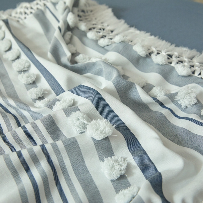 91家纺网 家纺一手货源 找家纺 缘生活  2025新款长年供货四季通用高端大气阳离子球球+流苏四件套 阳离子球球+流苏蓝色