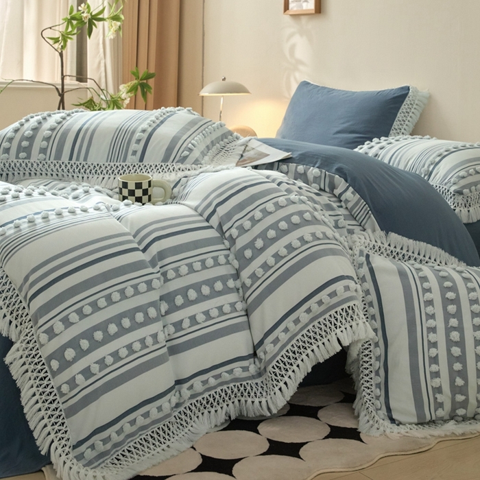 91家纺网 家纺一手货源 找家纺 缘生活  2025新款长年供货四季通用高端大气阳离子球球+流苏四件套 阳离子球球+流苏蓝色