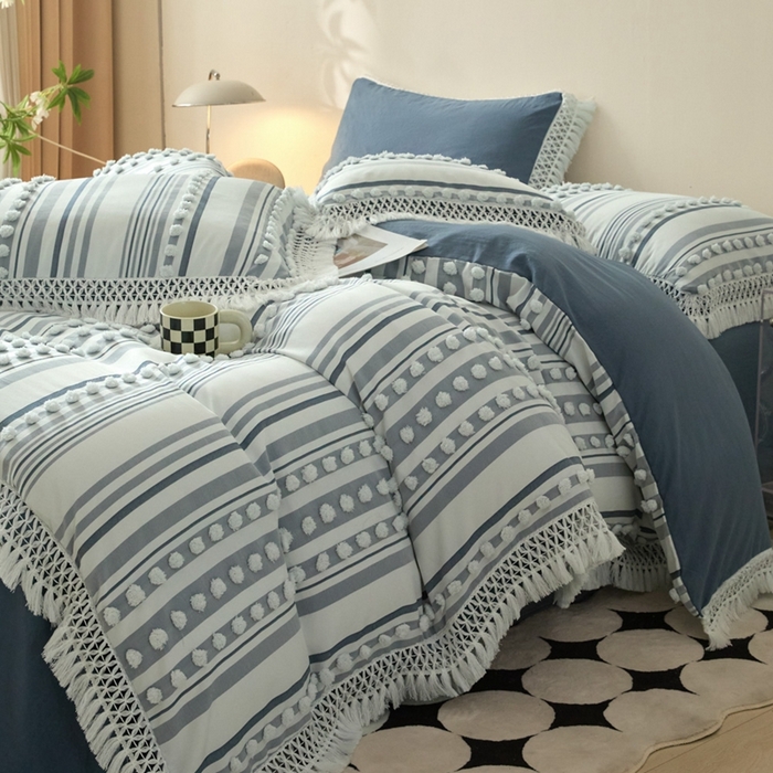 91家纺网 家纺一手货源 找家纺 缘生活  2025新款长年供货四季通用高端大气阳离子球球+流苏四件套 阳离子球球+流苏蓝色