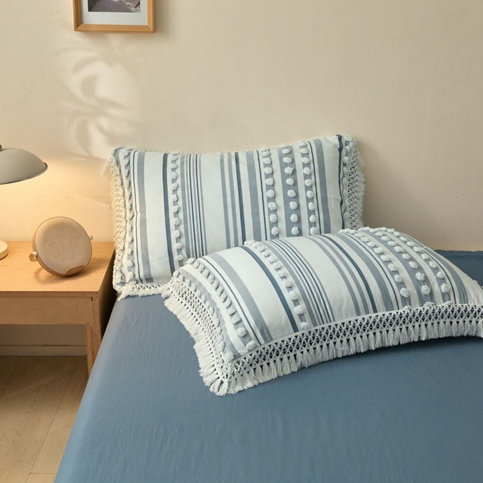 91家纺网 家纺一手货源 找家纺 缘生活  2025新款长年供货四季通用高端大气阳离子球球+流苏四件套 阳离子球球+流苏蓝色