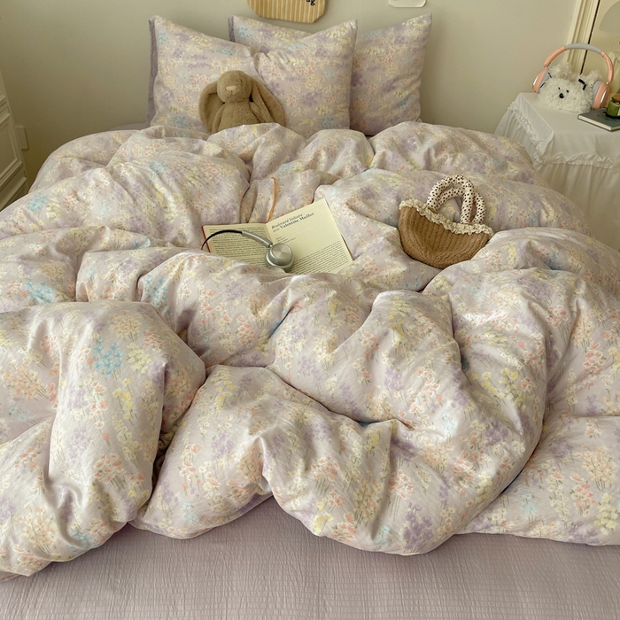 91家纺网 家纺一手货源 找家纺 沐芷 2025 木棉双层纱A类四件套直播 开学季宿舍三件套  单被套/四件套--提供买家秀 彼岸-薰衣草