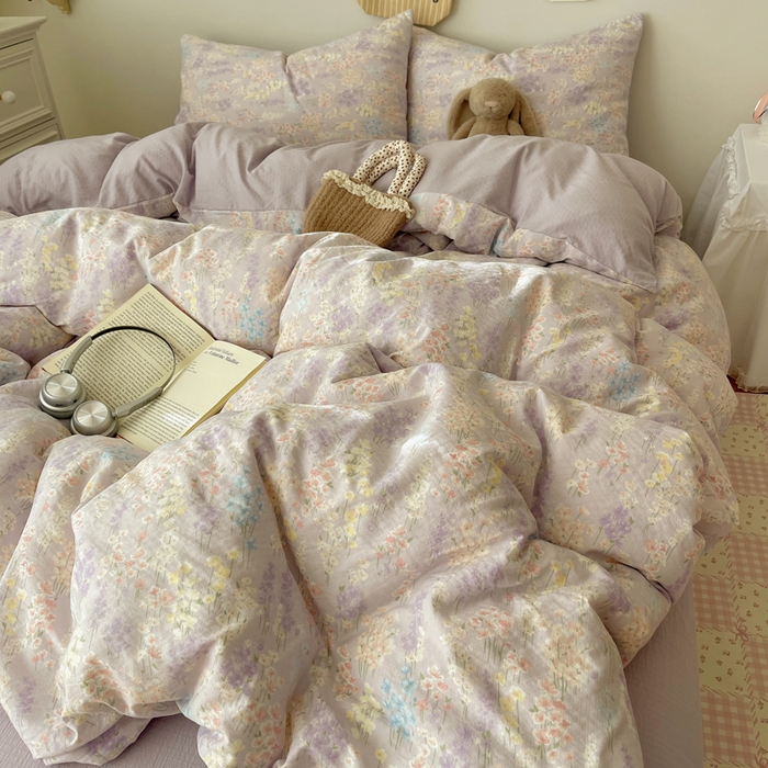 91家纺网 家纺一手货源 找家纺 沐芷 2025 木棉双层纱A类四件套直播 开学季宿舍三件套  单被套/四件套--提供买家秀 彼岸-薰衣草