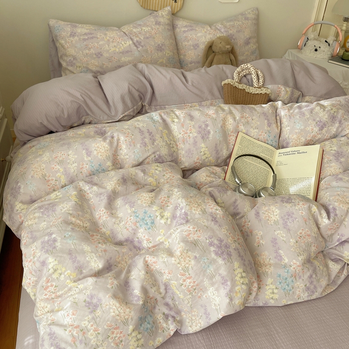 91家纺网 家纺一手货源 找家纺 沐芷 2025 木棉双层纱A类四件套直播 开学季宿舍三件套  单被套/四件套--提供买家秀 彼岸-薰衣草