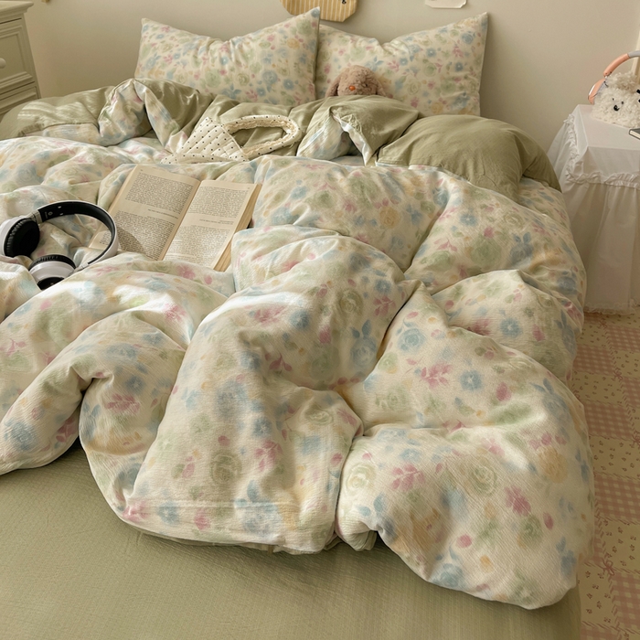 91家纺网 家纺一手货源 找家纺 沐芷 2025 木棉双层纱A类四件套直播 开学季宿舍三件套  单被套/四件套--提供买家秀 彼岸-栀子花信