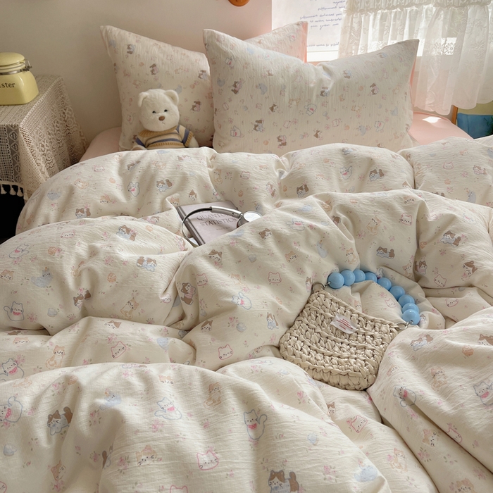 91家纺网 家纺一手货源 找家纺 沐芷 2025 木棉双层纱A类四件套直播 开学季宿舍三件套  单被套/四件套--提供买家秀 彼岸-晴天小猫