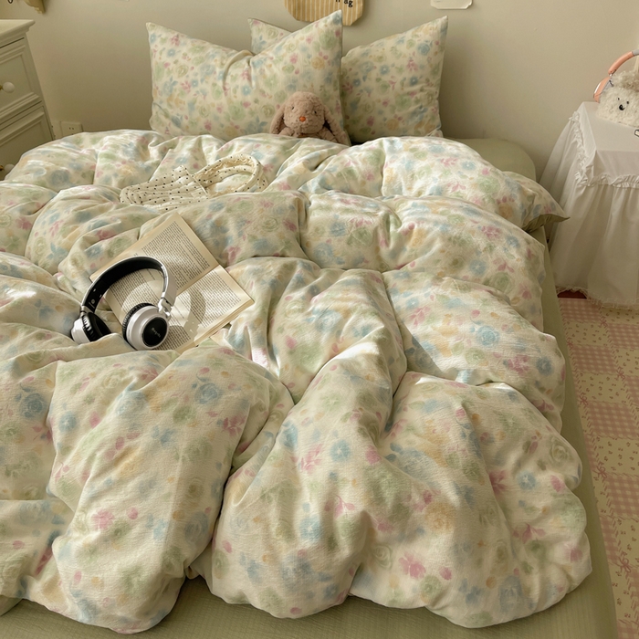 91家纺网 家纺一手货源 找家纺 沐芷 2025 木棉双层纱A类四件套直播 开学季宿舍三件套  单被套/四件套--提供买家秀 彼岸-栀子花信