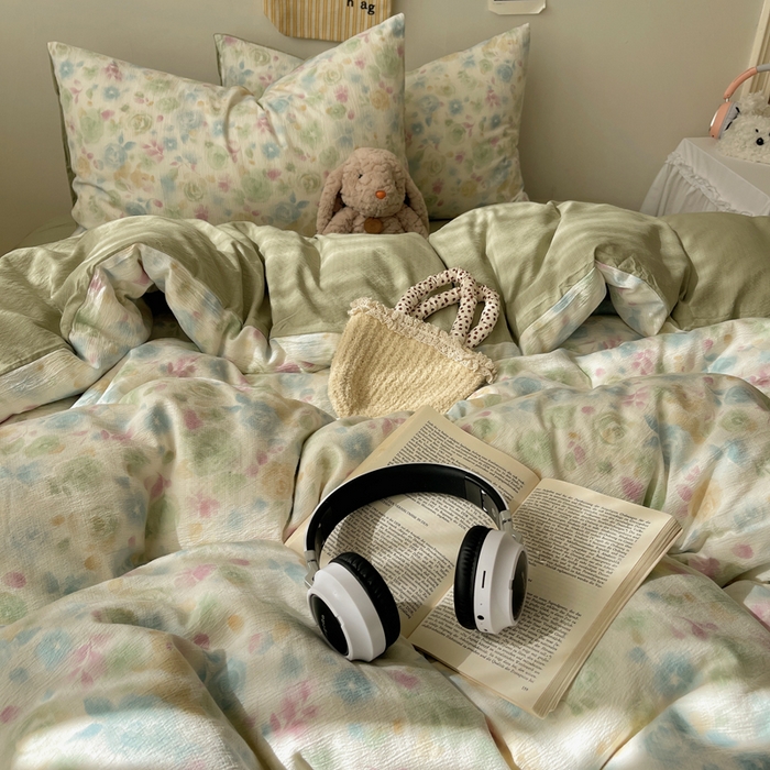 91家纺网 家纺一手货源 找家纺 沐芷 2025 木棉双层纱A类四件套直播 开学季宿舍三件套  单被套/四件套--提供买家秀 彼岸-栀子花信