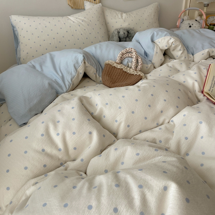 91家纺网 家纺一手货源 找家纺 沐芷 2025 木棉双层纱A类四件套直播 开学季宿舍三件套  单被套/四件套--提供买家秀 彼岸-海盐波点