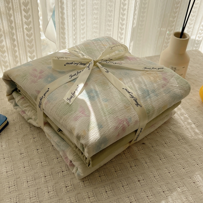 91家纺网 家纺一手货源 找家纺 沐芷 2025 木棉双层纱A类四件套直播 开学季宿舍三件套  单被套/四件套--提供买家秀 彼岸-栀子花信