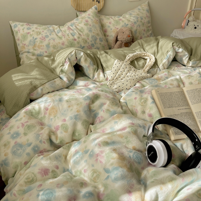 91家纺网 家纺一手货源 找家纺 沐芷 2025 木棉双层纱A类四件套直播 开学季宿舍三件套  单被套/四件套--提供买家秀 彼岸-栀子花信