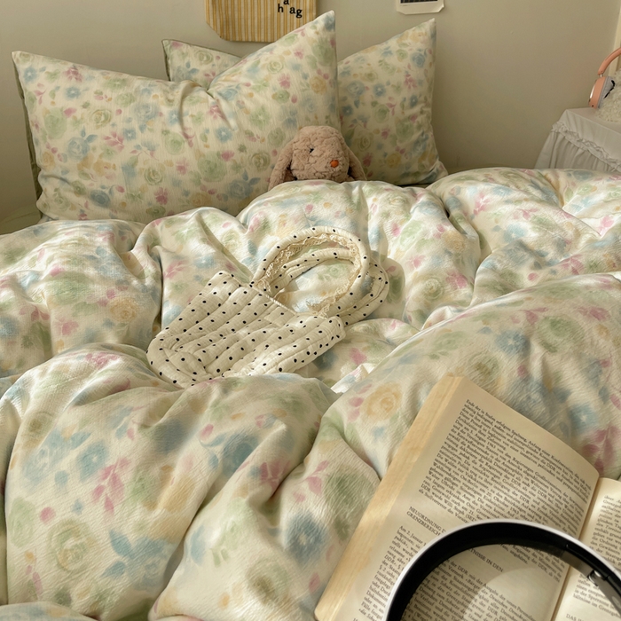 91家纺网 家纺一手货源 找家纺 沐芷 2025 木棉双层纱A类四件套直播 开学季宿舍三件套  单被套/四件套--提供买家秀 彼岸-栀子花信