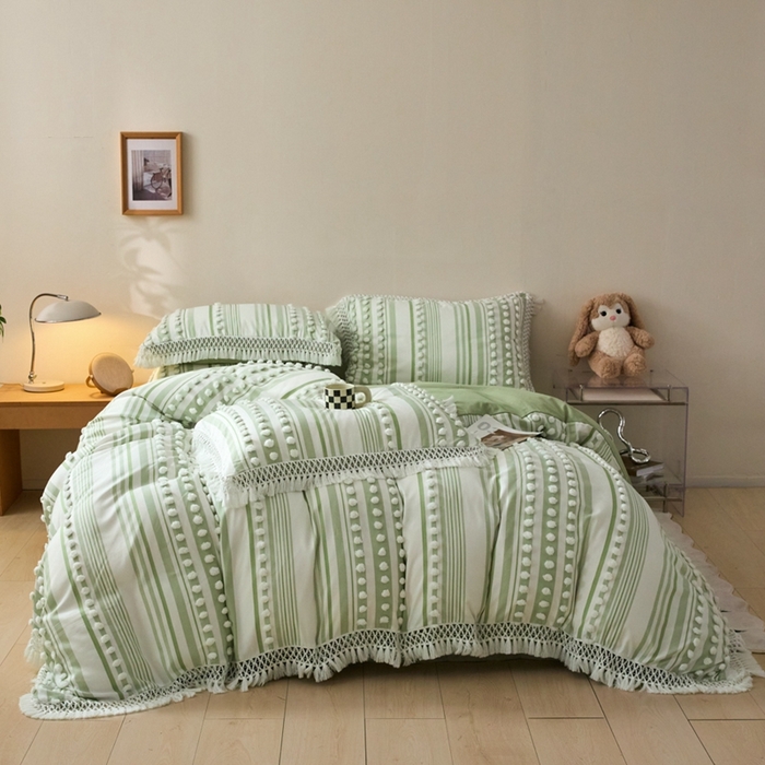 缘生活  2025新款长年供货四季通用高端大气阳离子球球+流苏四件套 阳离子球球+流苏抹茶绿