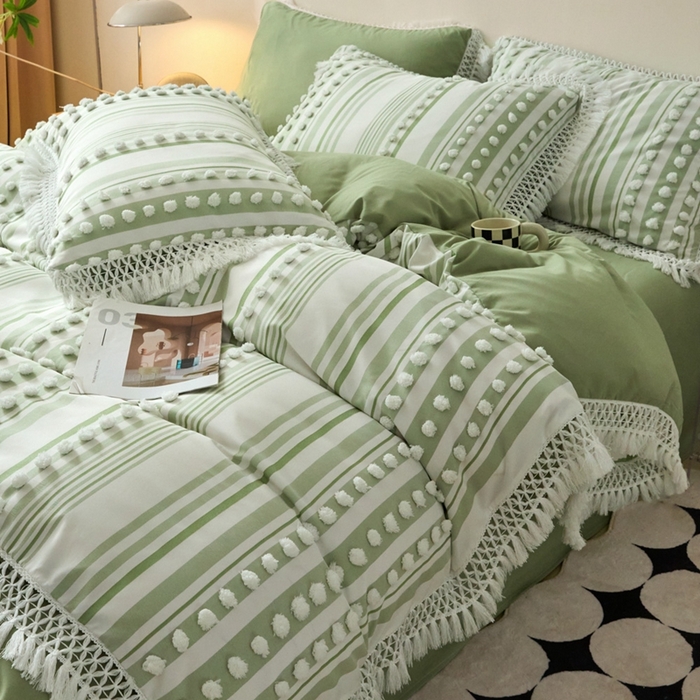 91家纺网 家纺一手货源 找家纺 缘生活  2025新款长年供货四季通用高端大气阳离子球球+流苏四件套 阳离子球球+流苏抹茶绿