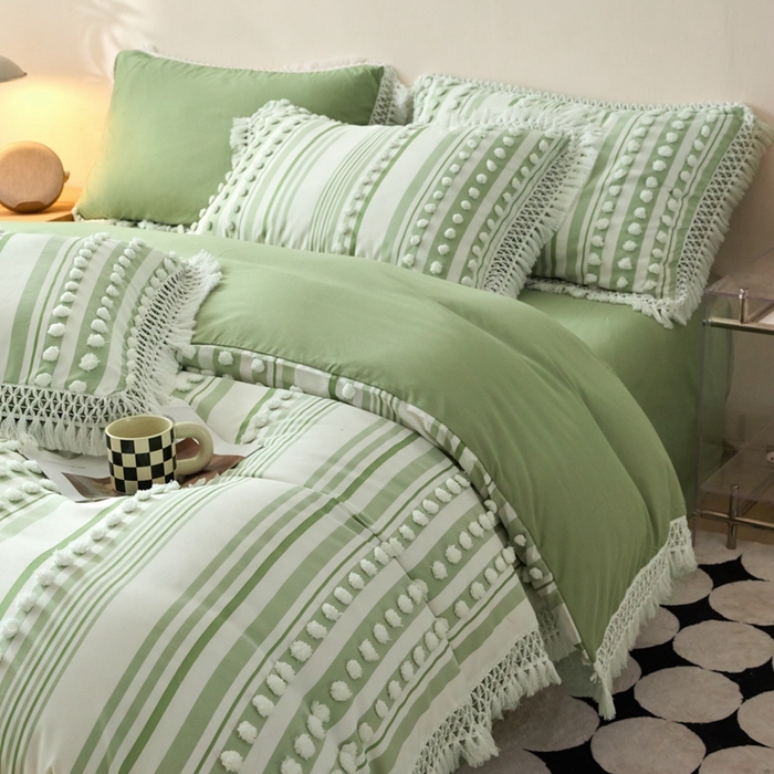 91家纺网 家纺一手货源 找家纺 缘生活  2025新款长年供货四季通用高端大气阳离子球球+流苏四件套 阳离子球球+流苏抹茶绿