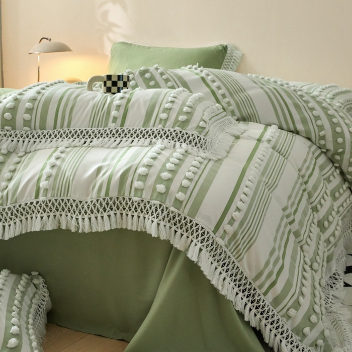 91家纺网 家纺一手货源 找家纺 缘生活  2025新款长年供货四季通用高端大气阳离子球球+流苏四件套 阳离子球球+流苏抹茶绿