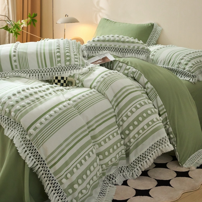 91家纺网 家纺一手货源 找家纺 缘生活  2025新款长年供货四季通用高端大气阳离子球球+流苏四件套 阳离子球球+流苏抹茶绿