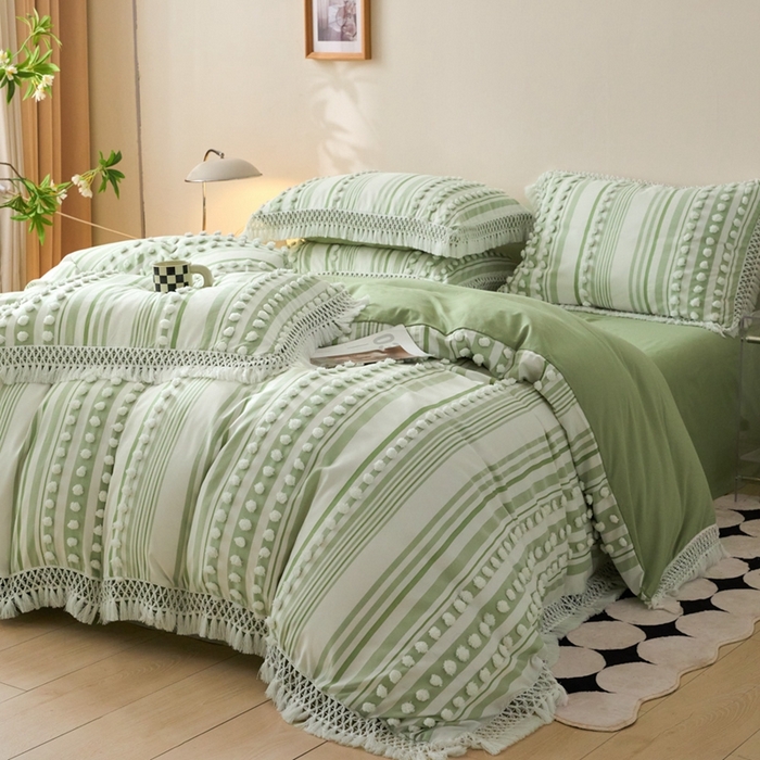 91家纺网 家纺一手货源 找家纺 缘生活  2025新款长年供货四季通用高端大气阳离子球球+流苏四件套 阳离子球球+流苏抹茶绿