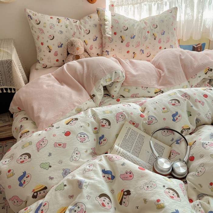 91家纺网 家纺一手货源 找家纺 沐芷 2025 木棉双层纱A类四件套直播 开学季宿舍三件套  单被套/四件套--提供买家秀 彼岸-蜡笔没有新