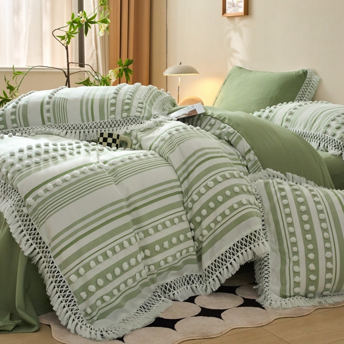 91家纺网 家纺一手货源 找家纺 缘生活  2025新款长年供货四季通用高端大气阳离子球球+流苏四件套 阳离子球球+流苏抹茶绿