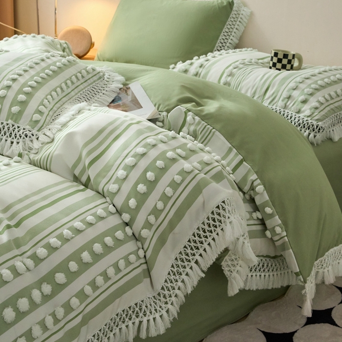 91家纺网 家纺一手货源 找家纺 缘生活  2025新款长年供货四季通用高端大气阳离子球球+流苏四件套 阳离子球球+流苏抹茶绿