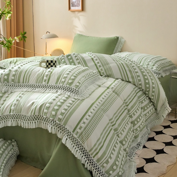 91家纺网 家纺一手货源 找家纺 缘生活  2025新款长年供货四季通用高端大气阳离子球球+流苏四件套 阳离子球球+流苏抹茶绿