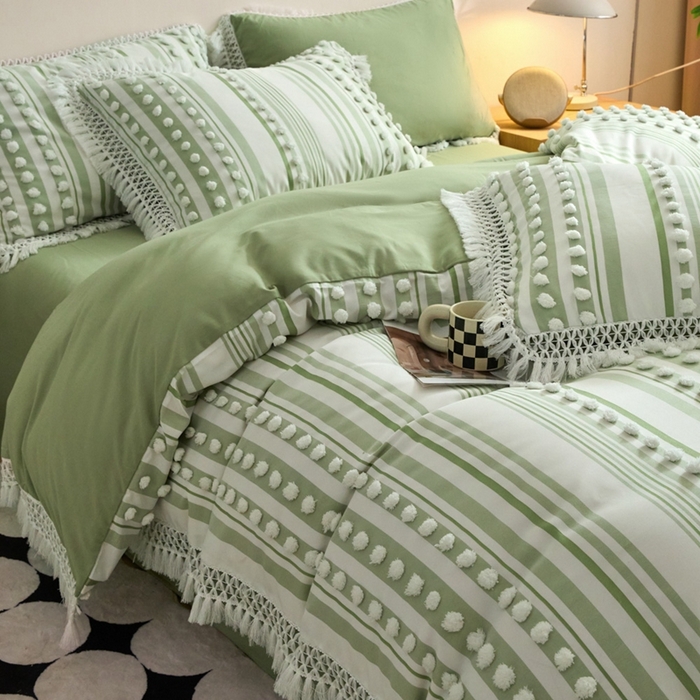 91家纺网 家纺一手货源 找家纺 缘生活  2025新款长年供货四季通用高端大气阳离子球球+流苏四件套 阳离子球球+流苏抹茶绿