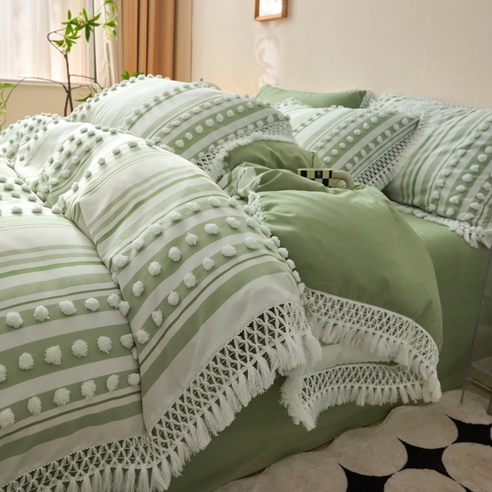 91家纺网 家纺一手货源 找家纺 缘生活  2025新款长年供货四季通用高端大气阳离子球球+流苏四件套 阳离子球球+流苏抹茶绿