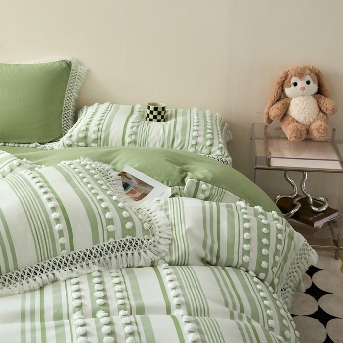 91家纺网 家纺一手货源 找家纺 缘生活  2025新款长年供货四季通用高端大气阳离子球球+流苏四件套 阳离子球球+流苏抹茶绿