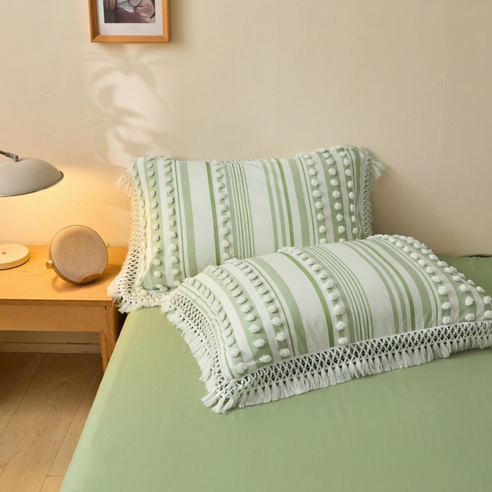 91家纺网 家纺一手货源 找家纺 缘生活  2025新款长年供货四季通用高端大气阳离子球球+流苏四件套 阳离子球球+流苏抹茶绿