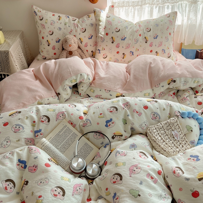 91家纺网 家纺一手货源 找家纺 沐芷 2025 木棉双层纱A类四件套直播 开学季宿舍三件套  单被套/四件套--提供买家秀 彼岸-蜡笔没有新