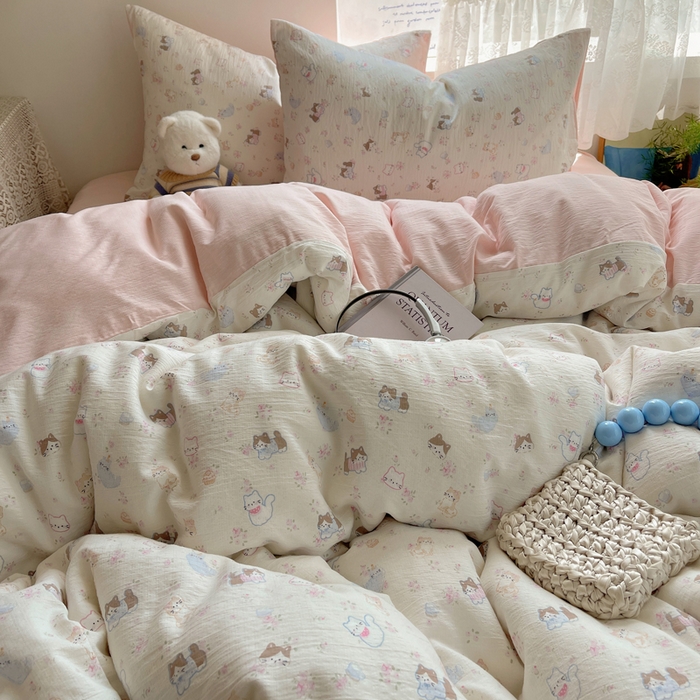 91家纺网 家纺一手货源 找家纺 沐芷 2025 木棉双层纱A类四件套直播 开学季宿舍三件套  单被套/四件套--提供买家秀 彼岸-晴天小猫