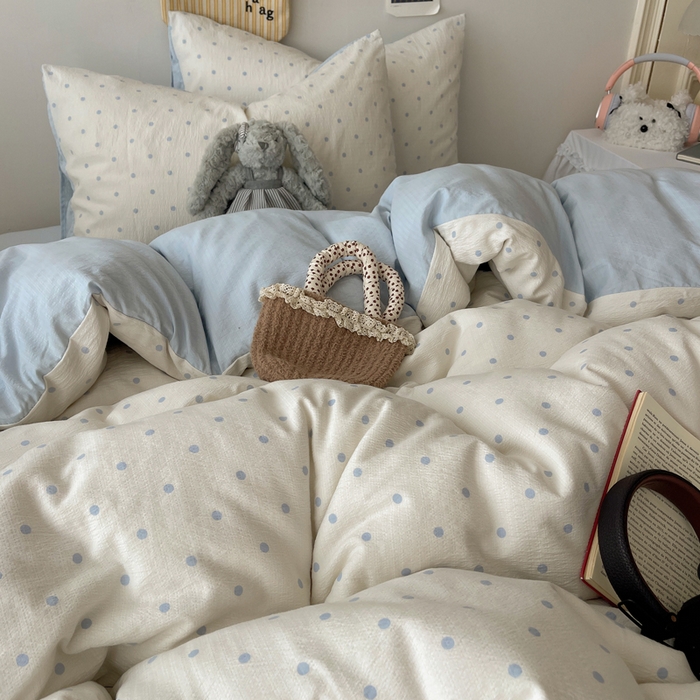 91家纺网 家纺一手货源 找家纺 沐芷 2025 木棉双层纱A类四件套直播 开学季宿舍三件套  单被套/四件套--提供买家秀 彼岸-海盐波点