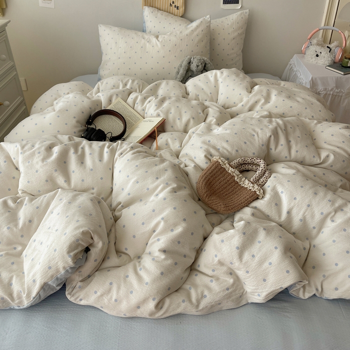 91家纺网 家纺一手货源 找家纺 沐芷 2025 木棉双层纱A类四件套直播 开学季宿舍三件套  单被套/四件套--提供买家秀 彼岸-海盐波点