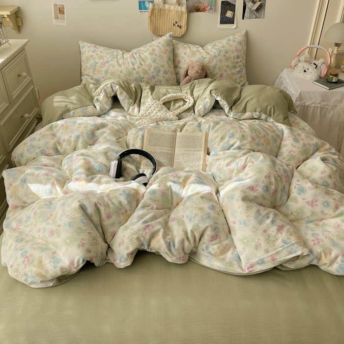 91家纺网 家纺一手货源 找家纺 沐芷 2025 木棉双层纱A类四件套直播 开学季宿舍三件套  单被套/四件套--提供买家秀 彼岸-栀子花信