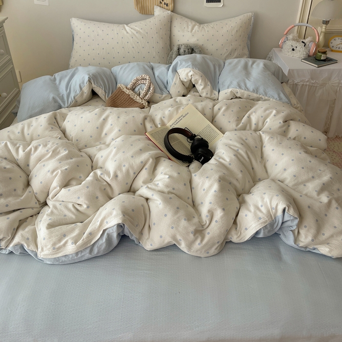 91家纺网 家纺一手货源 找家纺 沐芷 2025 木棉双层纱A类四件套直播 开学季宿舍三件套  单被套/四件套--提供买家秀 彼岸-海盐波点