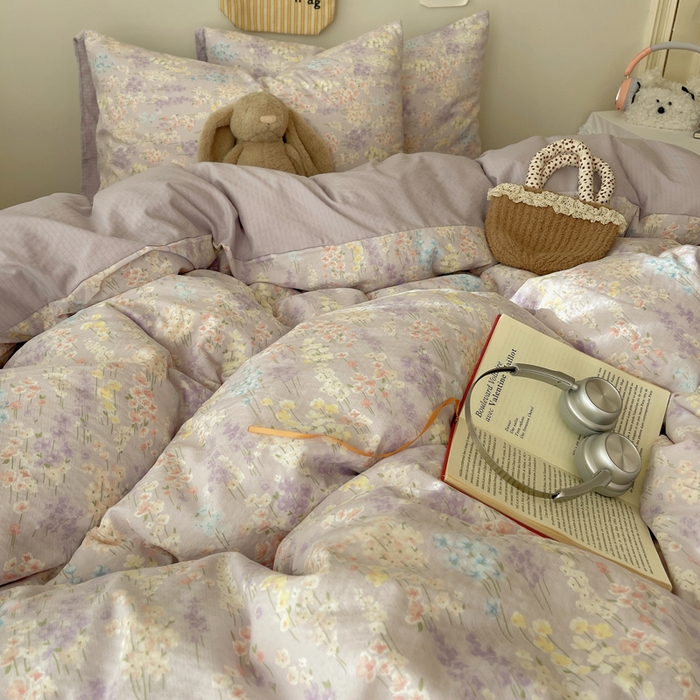 91家纺网 家纺一手货源 找家纺 沐芷 2025 木棉双层纱A类四件套直播 开学季宿舍三件套  单被套/四件套--提供买家秀 彼岸-薰衣草