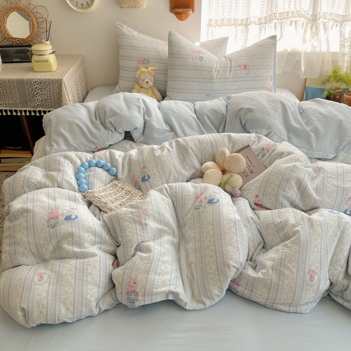 91家纺网 家纺一手货源 找家纺 沐芷 2025 木棉双层纱A类四件套直播 开学季宿舍三件套  单被套/四件套--提供买家秀 彼岸-小象宝宝