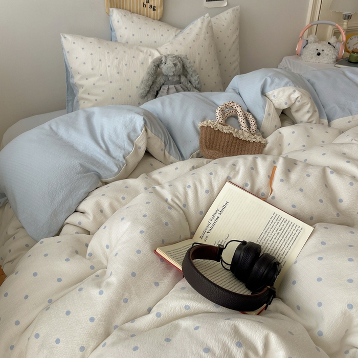 91家纺网 家纺一手货源 找家纺 沐芷 2025 木棉双层纱A类四件套直播 开学季宿舍三件套  单被套/四件套--提供买家秀 彼岸-海盐波点